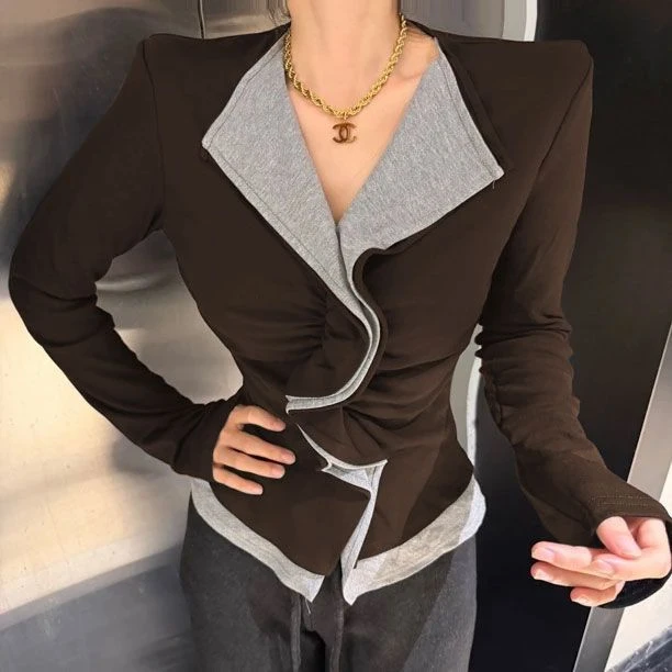 法式设计感拼色德绒V领打底衫女秋冬新款褶皱假两件修身长袖T恤女