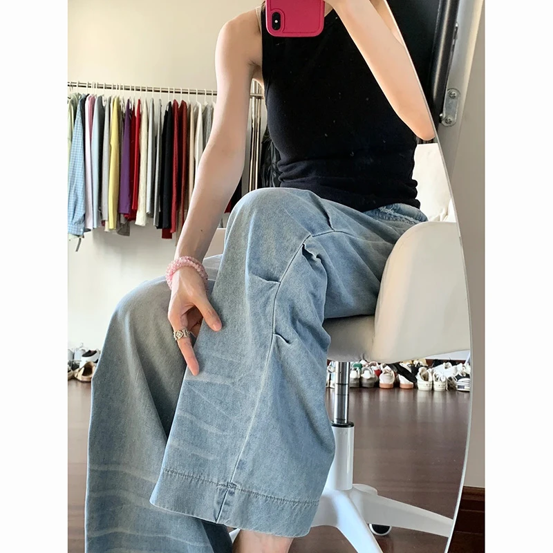 浅蓝色水洗牛仔裤女2025夏季薄款设计感宽松显瘦时尚百搭拖地裤子
