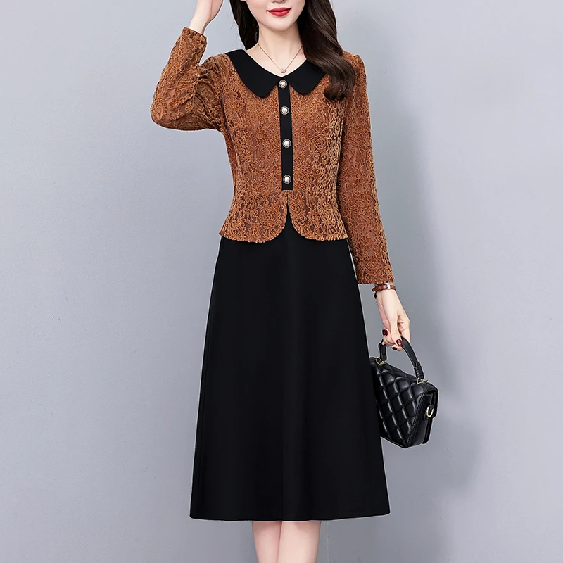 高级感镂空蕾丝假两件大码女装妈妈装修身中长款秋季长袖连衣裙潮