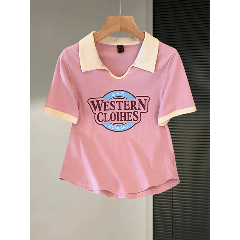 大码200斤复古港风拼接撞色V领Polo衫正肩弧形下摆短袖t恤女上衣