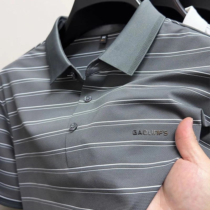 CATIA SELI夏季新款条纹冰丝男短袖翻领高端半袖上衣体恤Polo衫