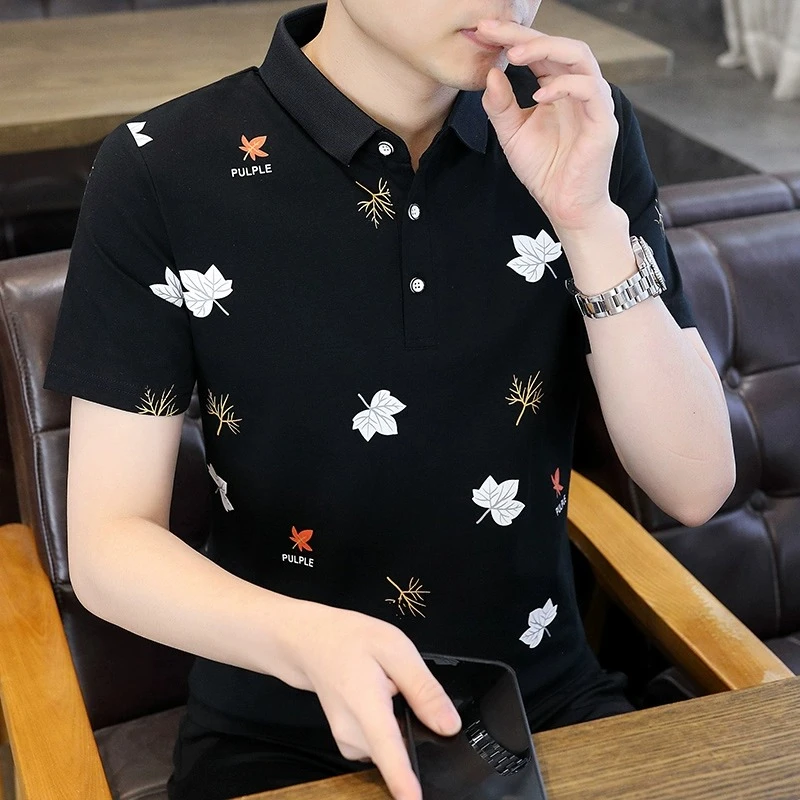 潮流polo衫男士新款时尚帅气印花短袖t恤男夏季透气韩版修身翻领