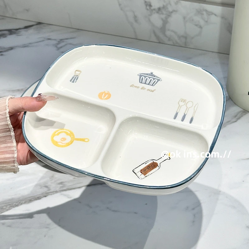 【伯里】儿童分餐盘家用大人三格定量减肥一人食学生陶瓷分隔餐盘