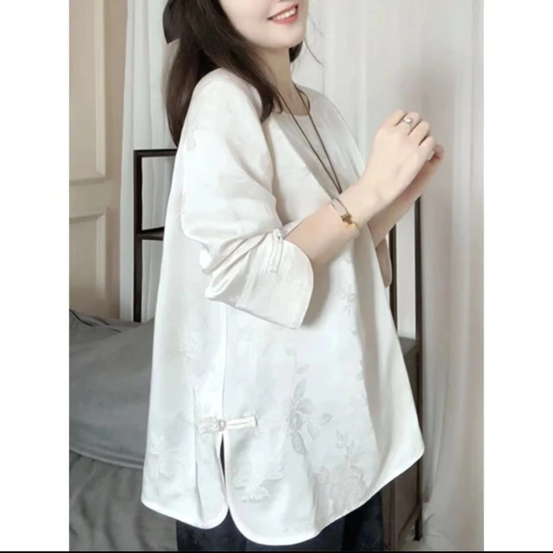 【厂家福利】缎面国风新中式2025春夏女装圆领短款暗提花大码短袖百