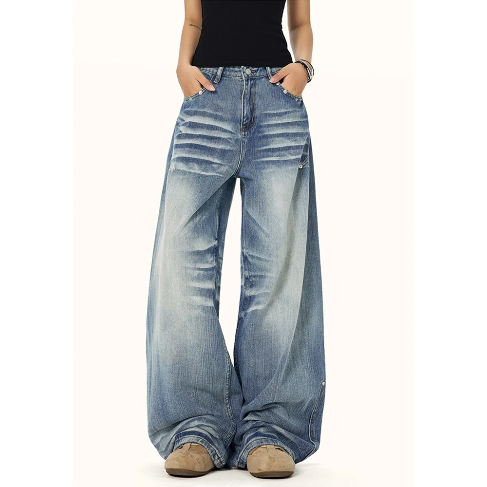 美式复古侧缝设计立体感低腰直筒牛仔裤女秋季宽松垂感阔腿裤子潮