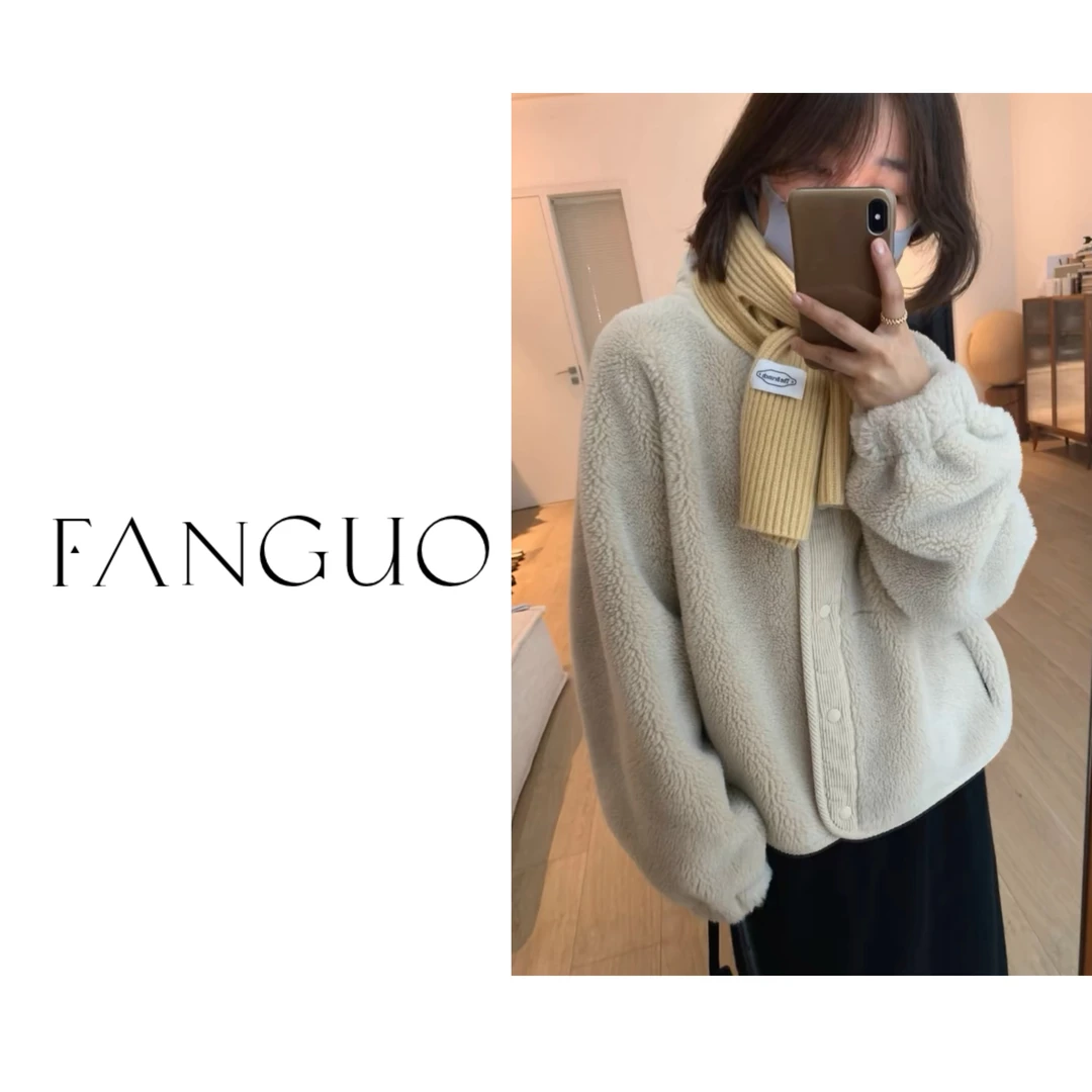 韩国oun*e同款 非市场版！ins简约拼灯芯绒保暖仿羊羔毛外套25229