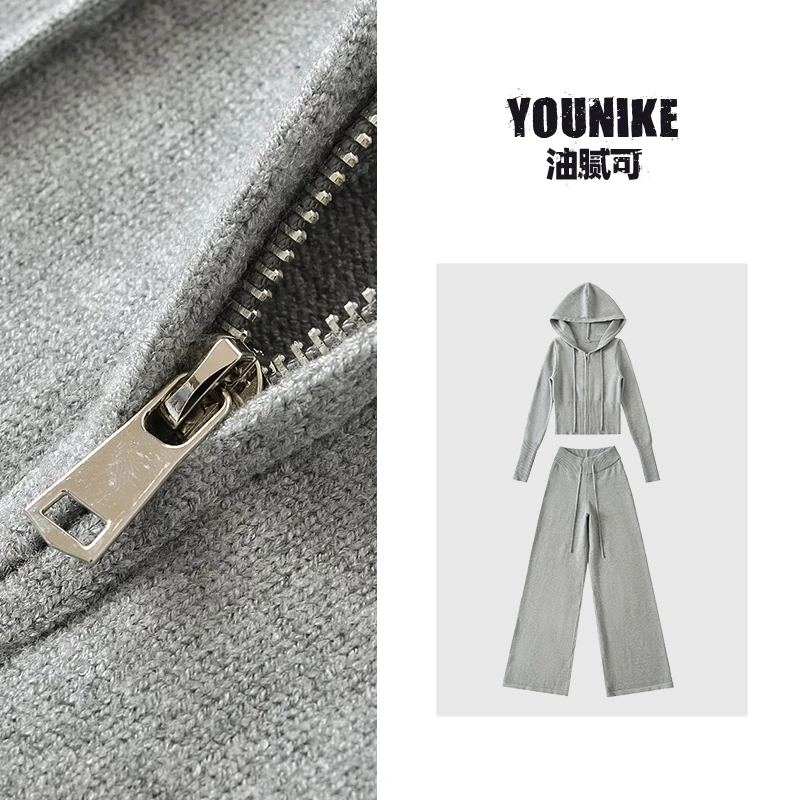 油腻可 欧美风连帽抽绳长袖卫衣直筒阔腿卫裤两件套女冬保暖套装