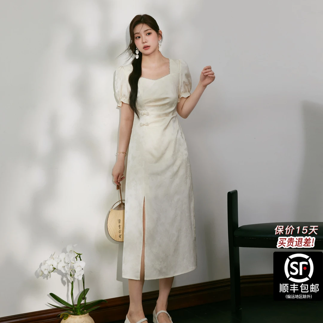 蓝语大码女装新中式国风方领连衣裙夏季新款收腰遮肚开叉优雅裙子