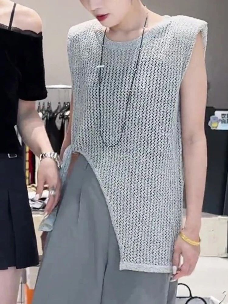 韩版灰色小飞袖开叉镂空针织背心2025夏季宽松韩版时髦超好看上衣
