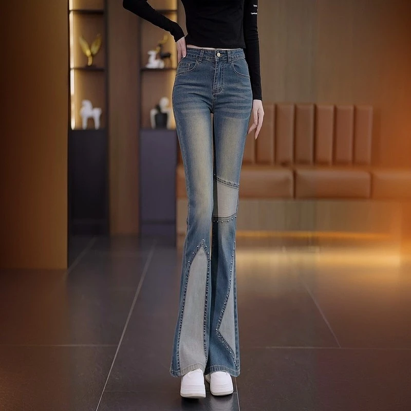 设计感高腰喇叭裤垂感马蹄裤春秋季美式复古拼接微喇牛仔裤女长裤