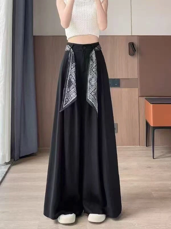7723#阔腿裤女棉麻丝巾腰带垂感宽松慵懒风休闲直筒裤（约100）