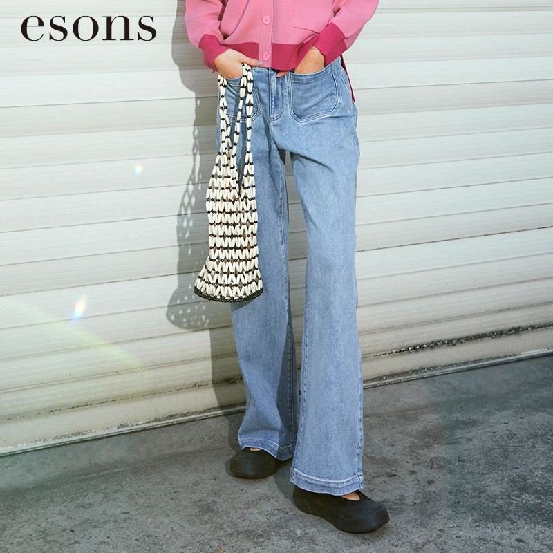 esons/爱城市【商场同款】纯棉设计感大口袋高腰阔腿牛仔裤35258550