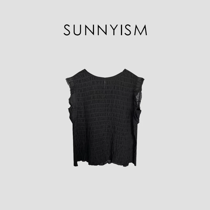 Sunnyism “黑仙女” 100真丝褶皱肌理感小飞袖上衣 SY00612