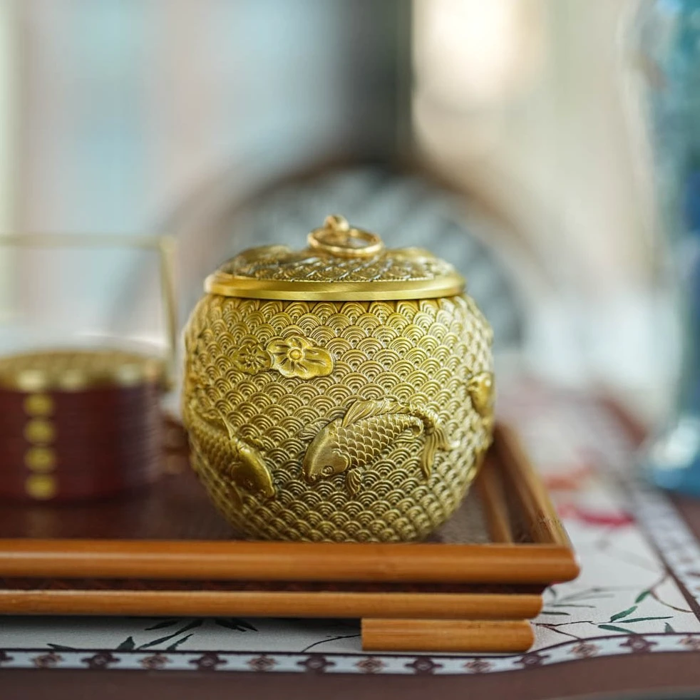 【奇居】中式轻奢黄铜锦鲤茶叶罐 客厅餐厅桌面装饰储物收纳罐