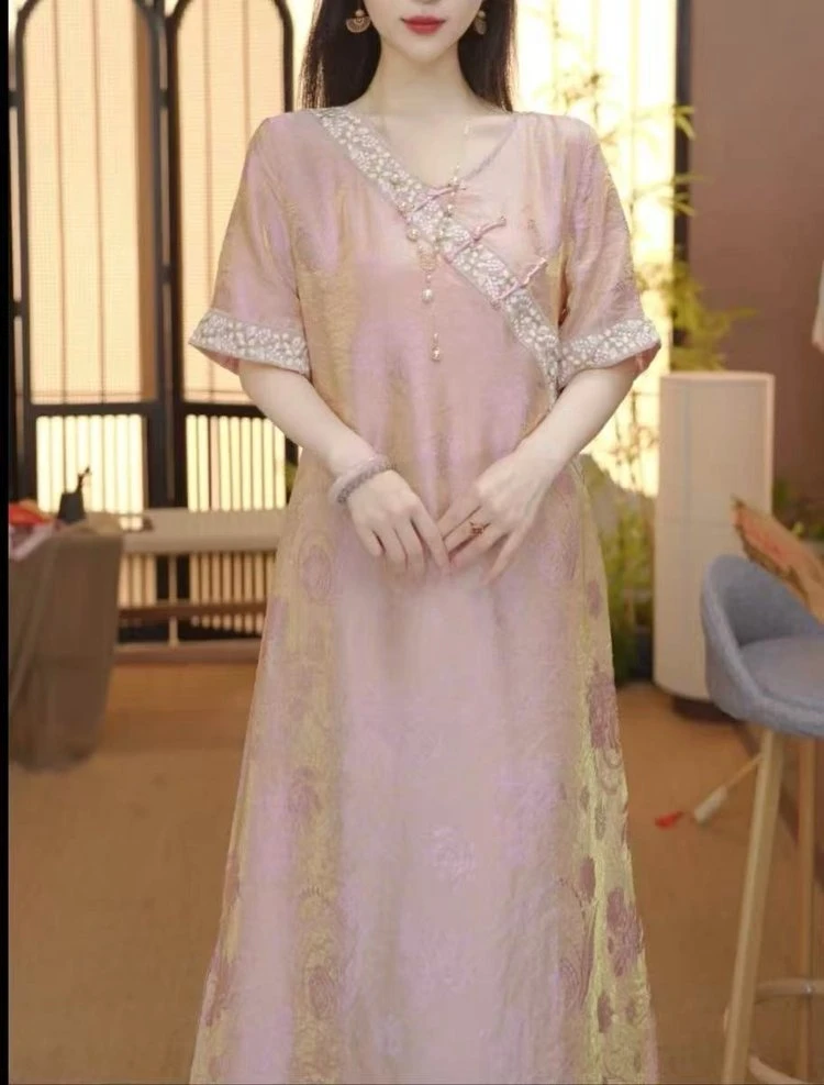 2025夏季浮光锦连衣裙新款防晒宽松中式提花气质上衣新中式中国风