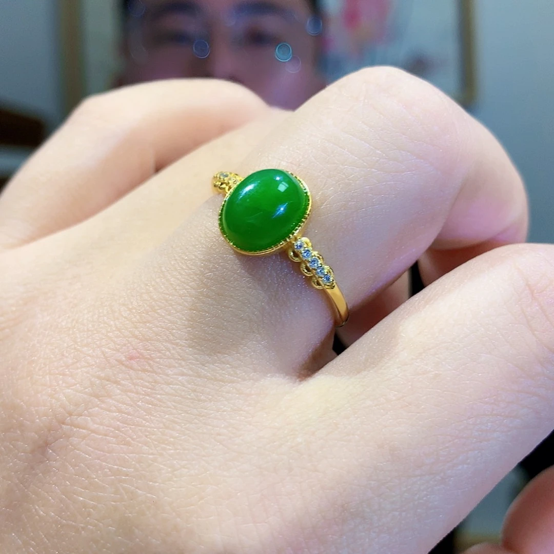 和田玉（碧玉）戒指银S925镀金镶嵌