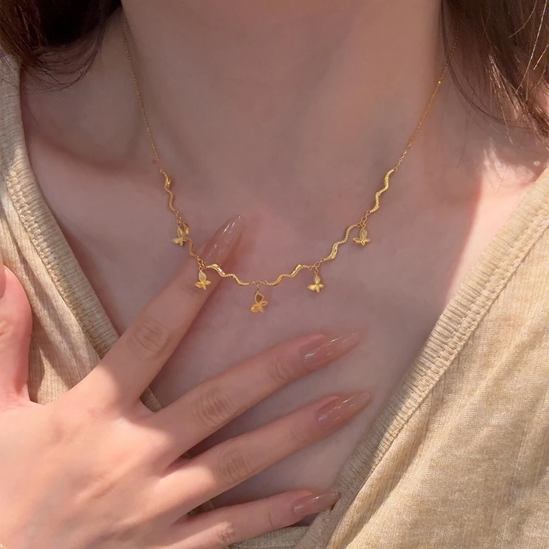 铜合金项链 金色蝴蝶波浪项链小众设计轻奢高级感精致气质锁骨链