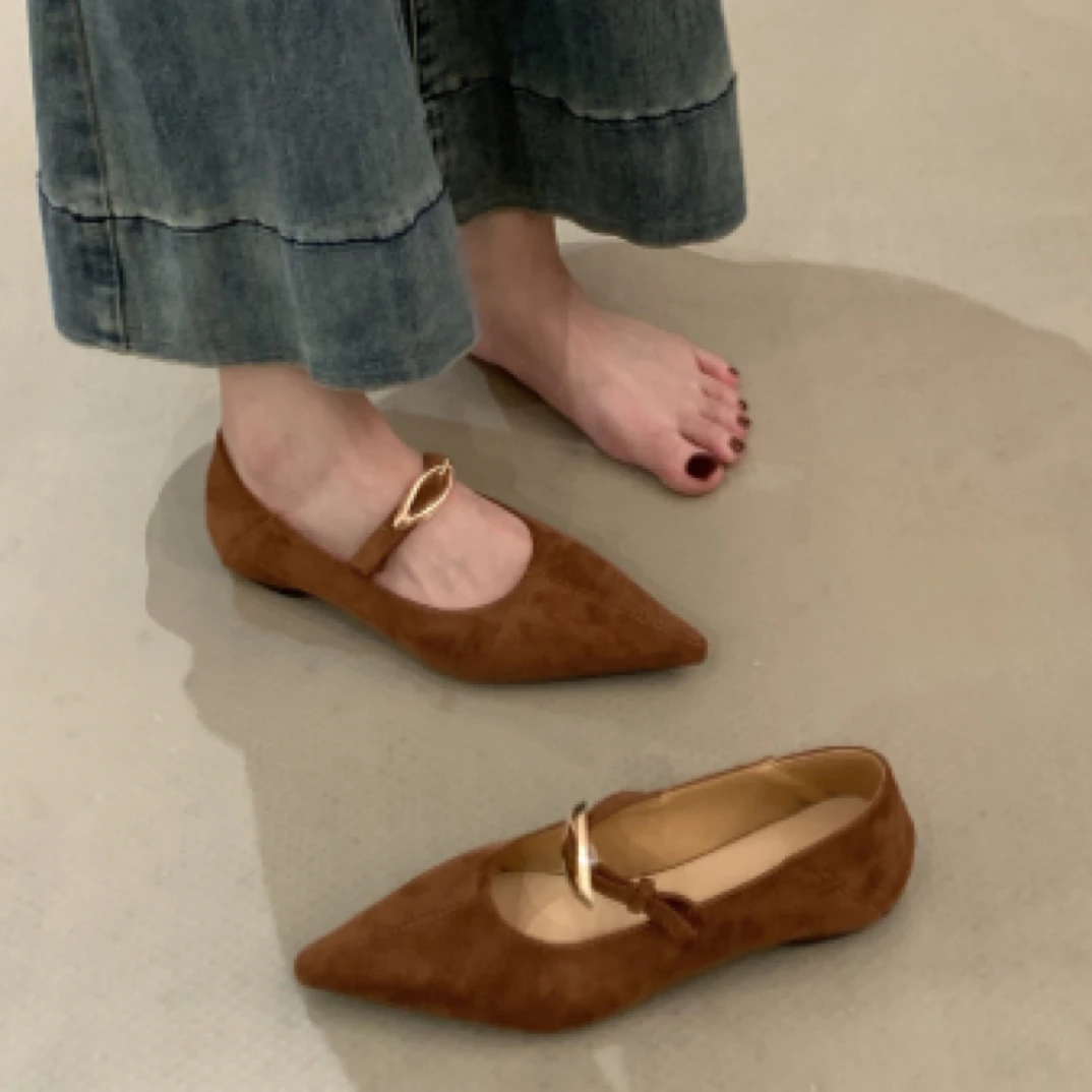 MLC-399-39 法式内增高红色尖头单鞋2025复古金属扣芭蕾舞单鞋