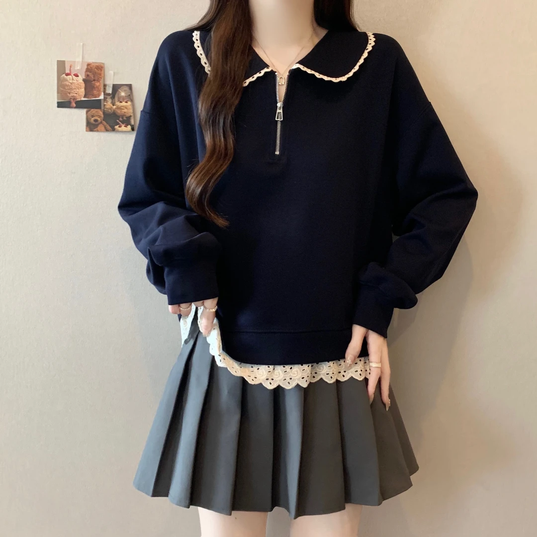大码胖MM设计感半拉链polo领长袖卫衣女秋季新款休闲显瘦百搭上衣