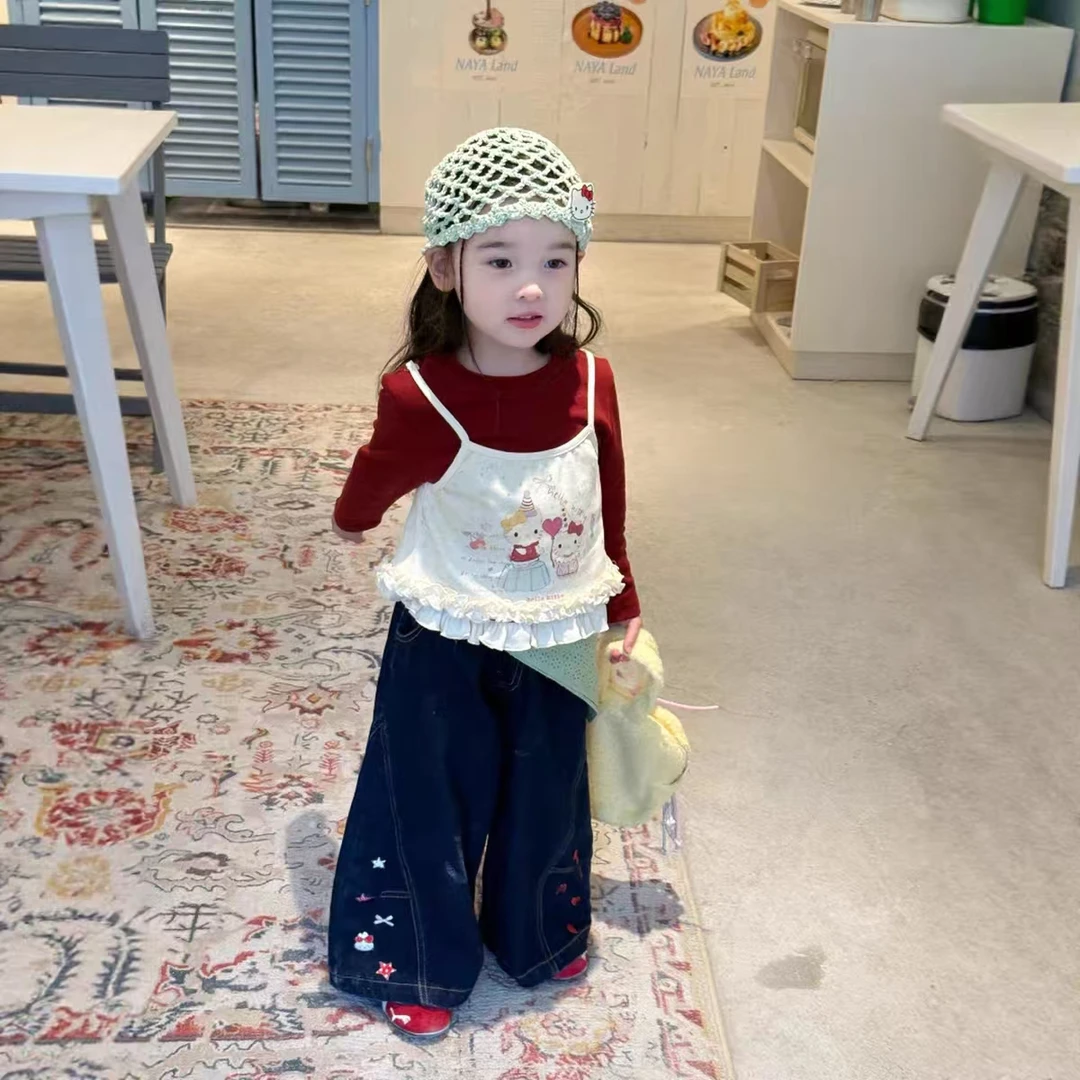 56050女童套装秋季韩版童装2025新款上衣假两件+牛仔阔腿裤