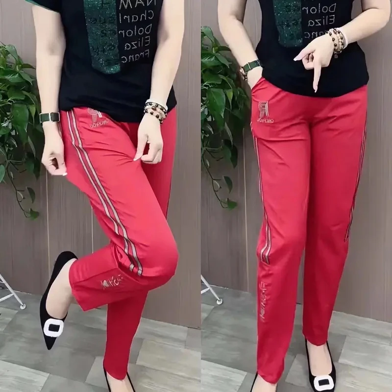 夏季薄款冰丝裤女高腰弹力牛奶丝小脚直筒休闲裤中老年休闲运动裤