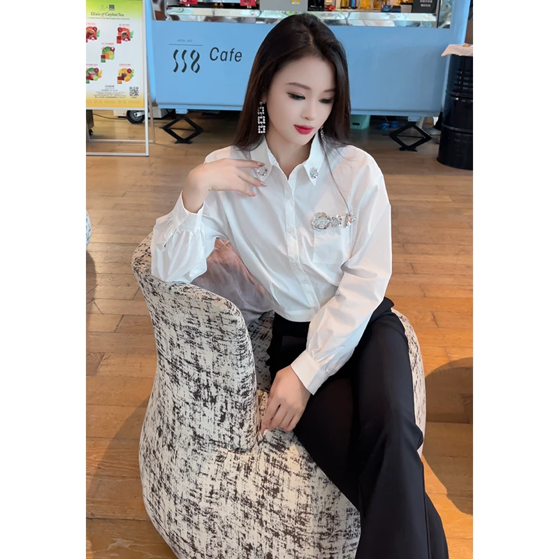 格润雅时尚名媛风设计感短款长袖衬衫2025新款显瘦高腰微喇叭裤女