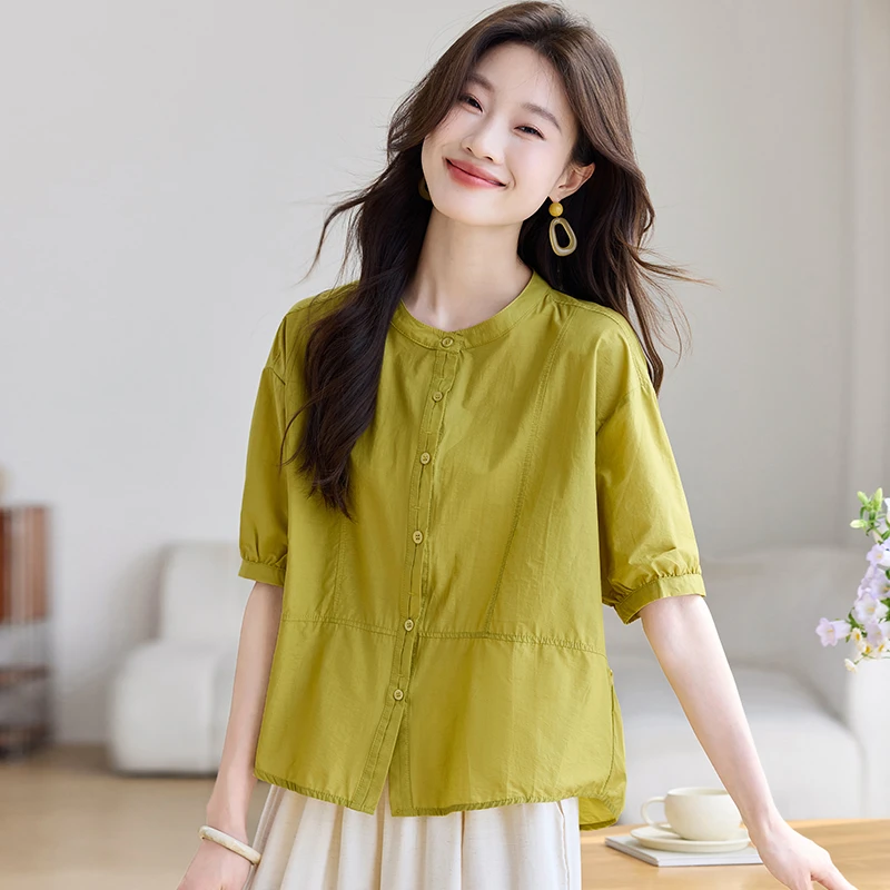 天丝亚麻衬衫女夏短袖2025新款中年妈妈休闲时尚短款圆领薄款上衣
