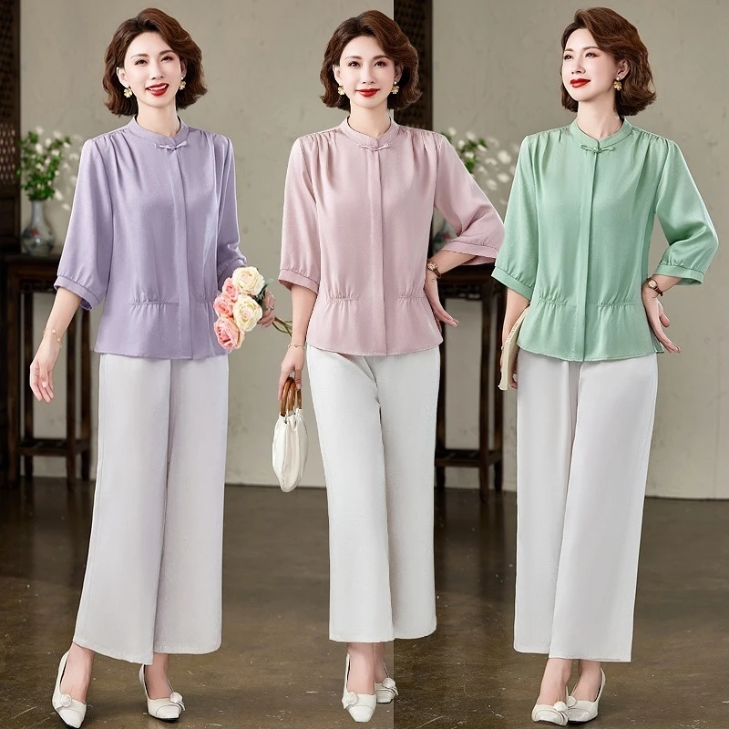 中老年气质款妈妈装缎面套头小衫阔腿裤套装夏季阔太太清凉套装