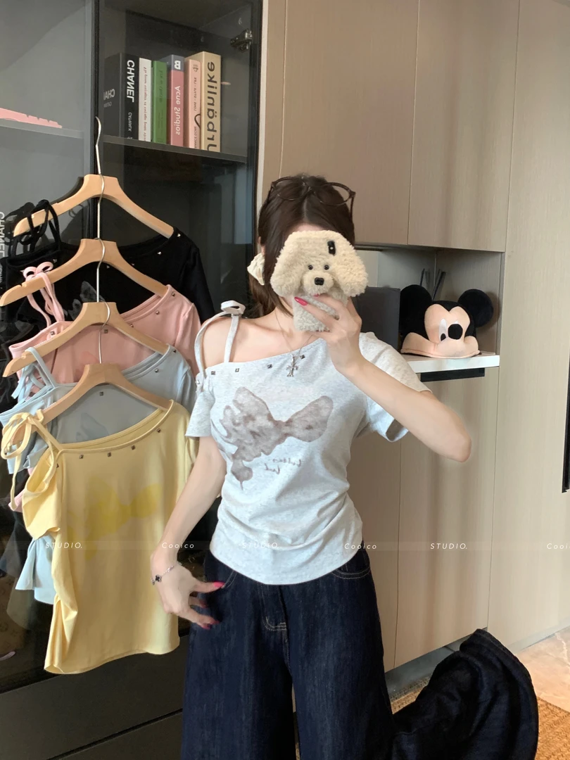 实拍大码蝴蝶印花抽绳设计感短袖t恤女夏季新款胖mm斜肩百搭上衣