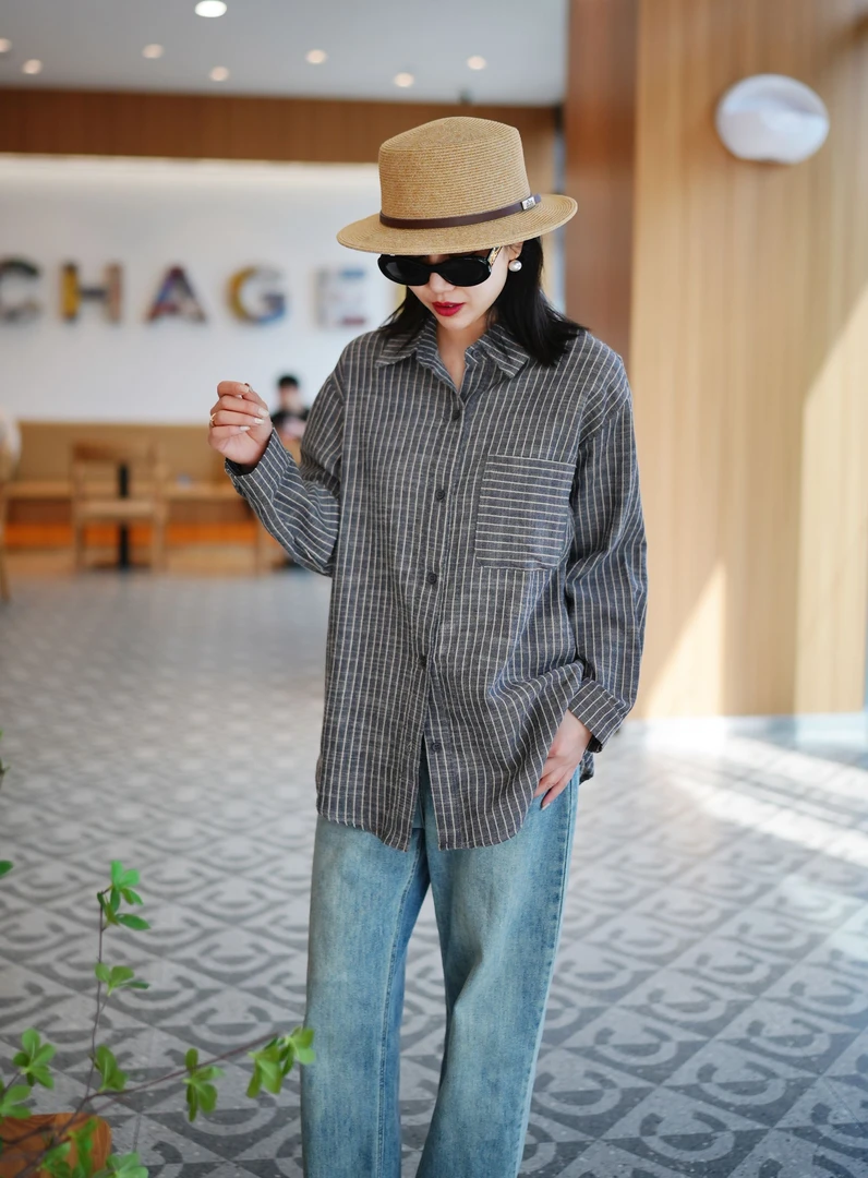 北桔2025春秋新款长袖时尚百搭休闲小众条纹显瘦秋款衬衫上衣707