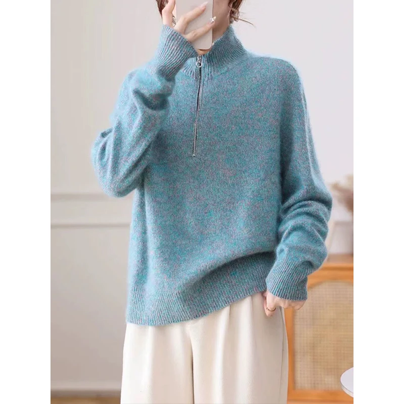 【堇兰】95羊毛5羊绒不扎人不掉毛拉绒拉链半高领羊毛衫女YM-9919