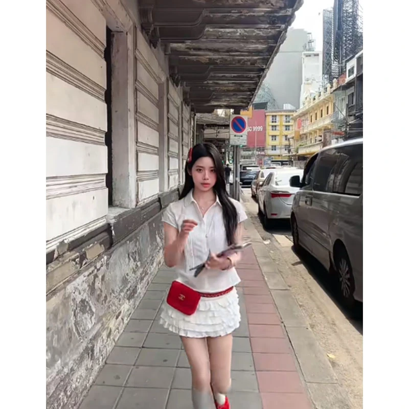 韩系休闲百搭时尚设计感短袖衬衫上衣高腰修身显瘦蛋糕半身裙短裙