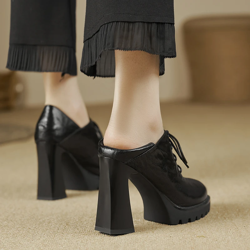 小个子增高9.5cm~阔腿裤专用鞋法式厚底高跟鞋深口粗跟防水台单鞋