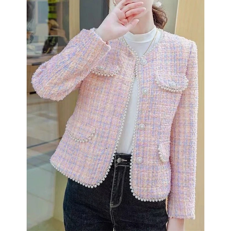 小香风粗花毛呢子短款外套女秋冬新款高级感高档钉珠名媛甜美上衣