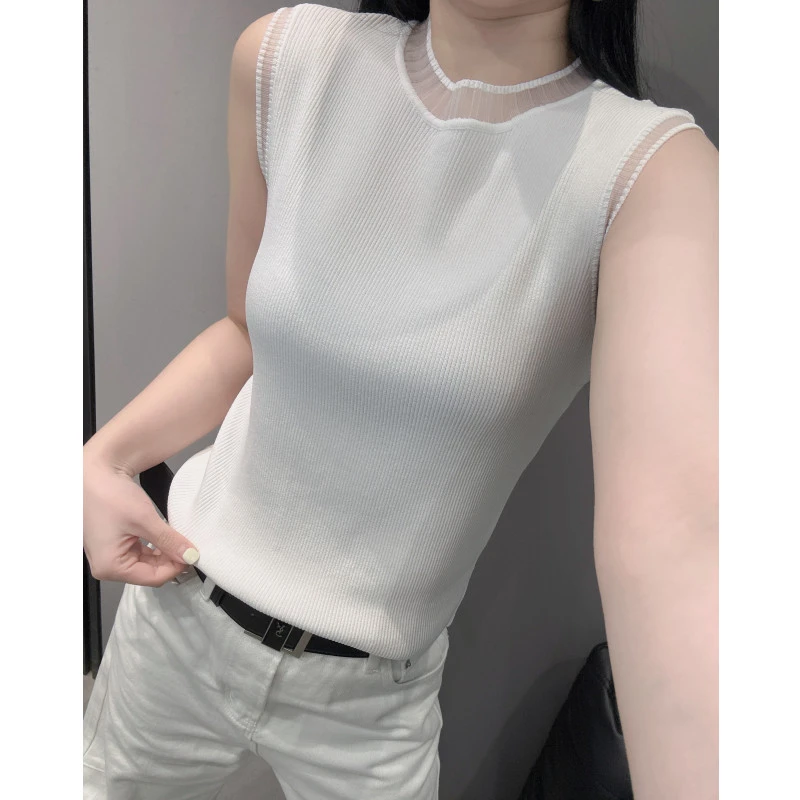 夏季新款背心女冰丝针织衫欧货网纱蕾丝气质弹力修身无袖性感上衣