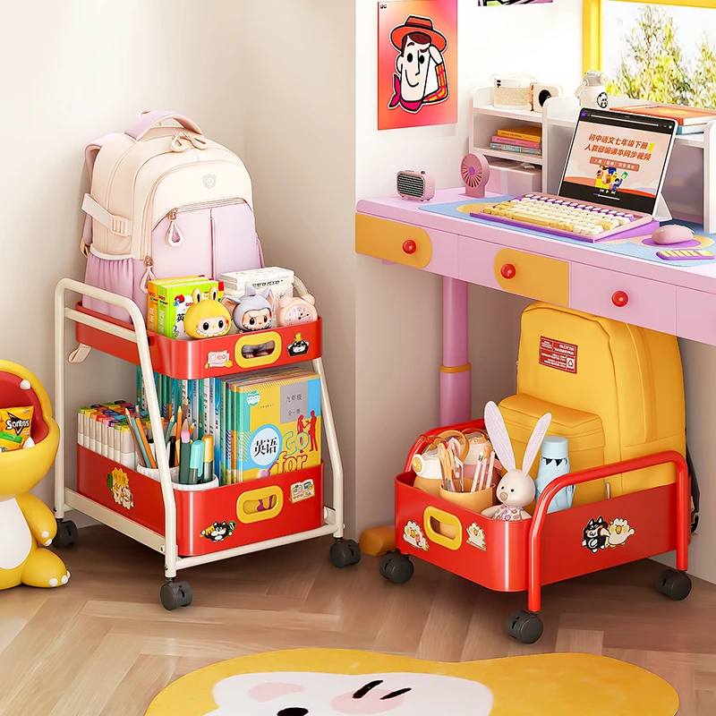 雅图诗书包置物架可移动书架收纳筐带轮书桌下小推车学习放置神器