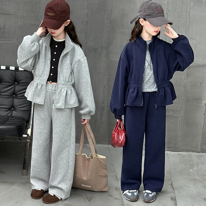 女童休闲运动服套装2025新款春秋慵懒风设计感卫衣阔腿裤两件套潮