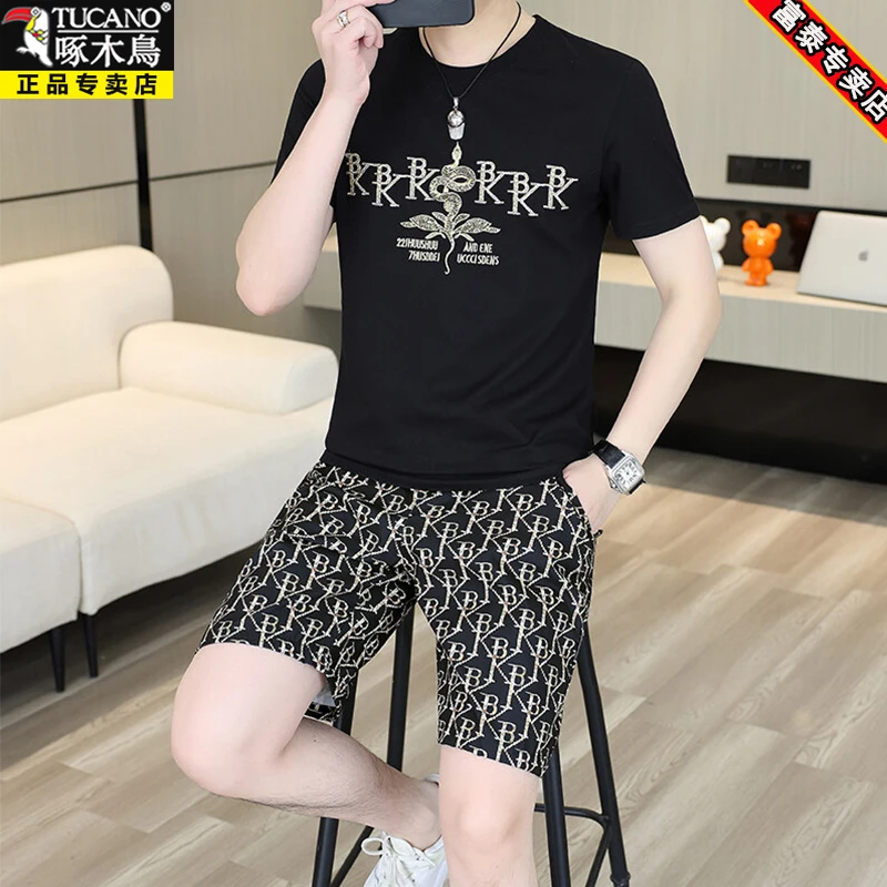 啄木鸟高档时尚休闲套装男士2025夏季潮流刺绣短袖T恤短裤两件套