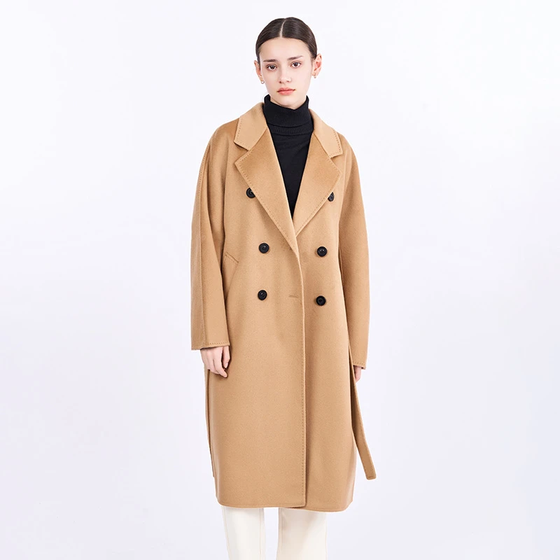 羊绒大衣女100绒秋冬新款韩版双排扣系带羊绒呢宽松感毛呢外套女
