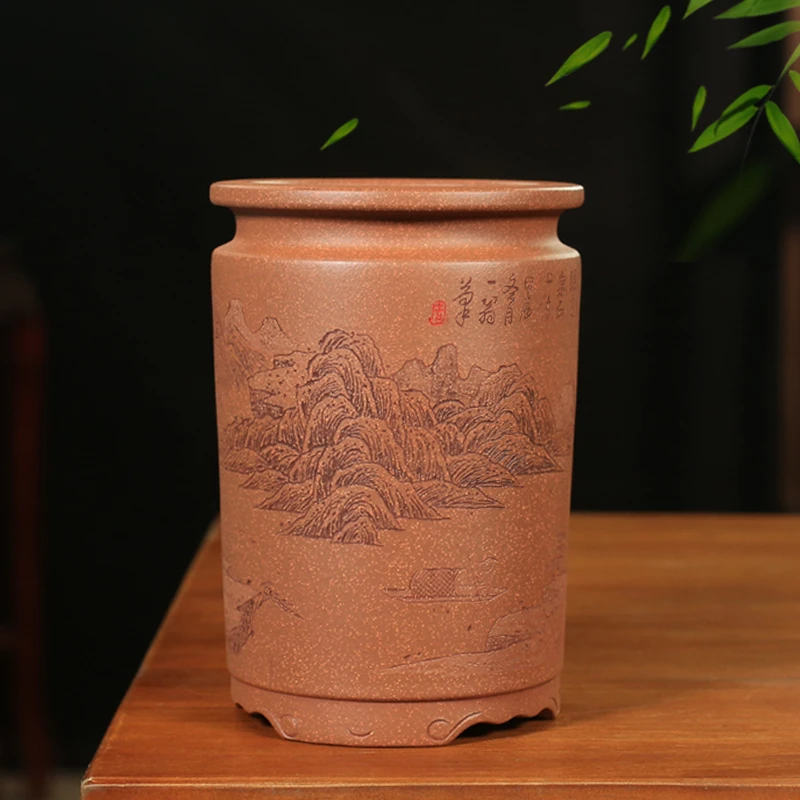 神力精品古典通转山水一翁刻绘宜兴原矿降坡泥圆口签筒兰花盆盆栽