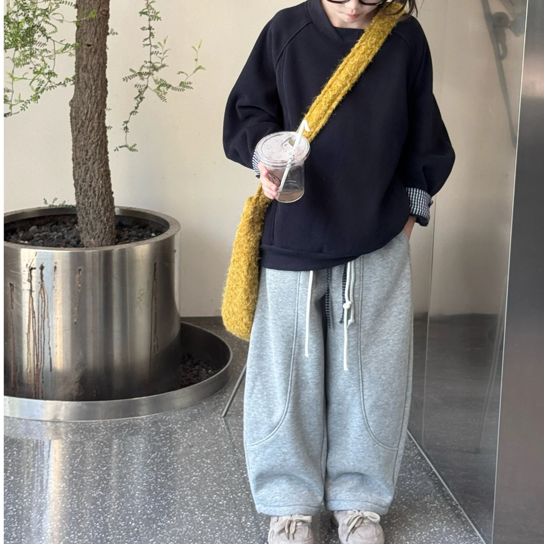 KIKIAND中大童运动百搭宽松纯色韩版加绒格子拼接弯刀裤