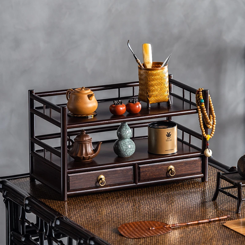 桌面茶具收纳双层三层竹制日式茶道中式茶柜小型博古架家用置物架