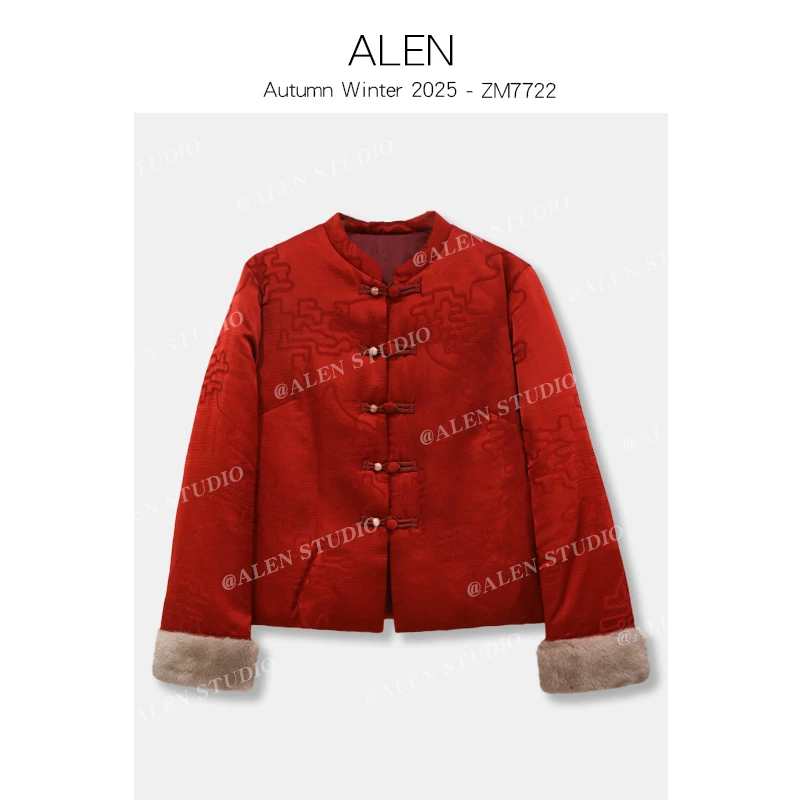 【Alen女装店】新中式国风提花拼接水貂毛棉外套ZM7722.