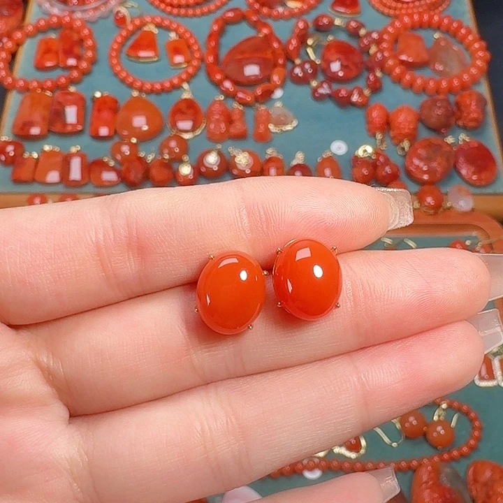 南红玛瑙银S925镶嵌顶货耳饰