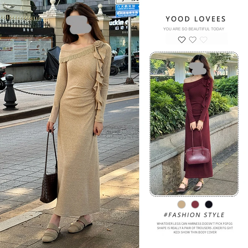 小众设计感斜肩木耳边飘带连衣裙女2025春秋新款法式收腰显瘦长裙