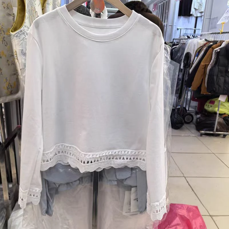 1887春季新款女装圆领长袖拼接花边