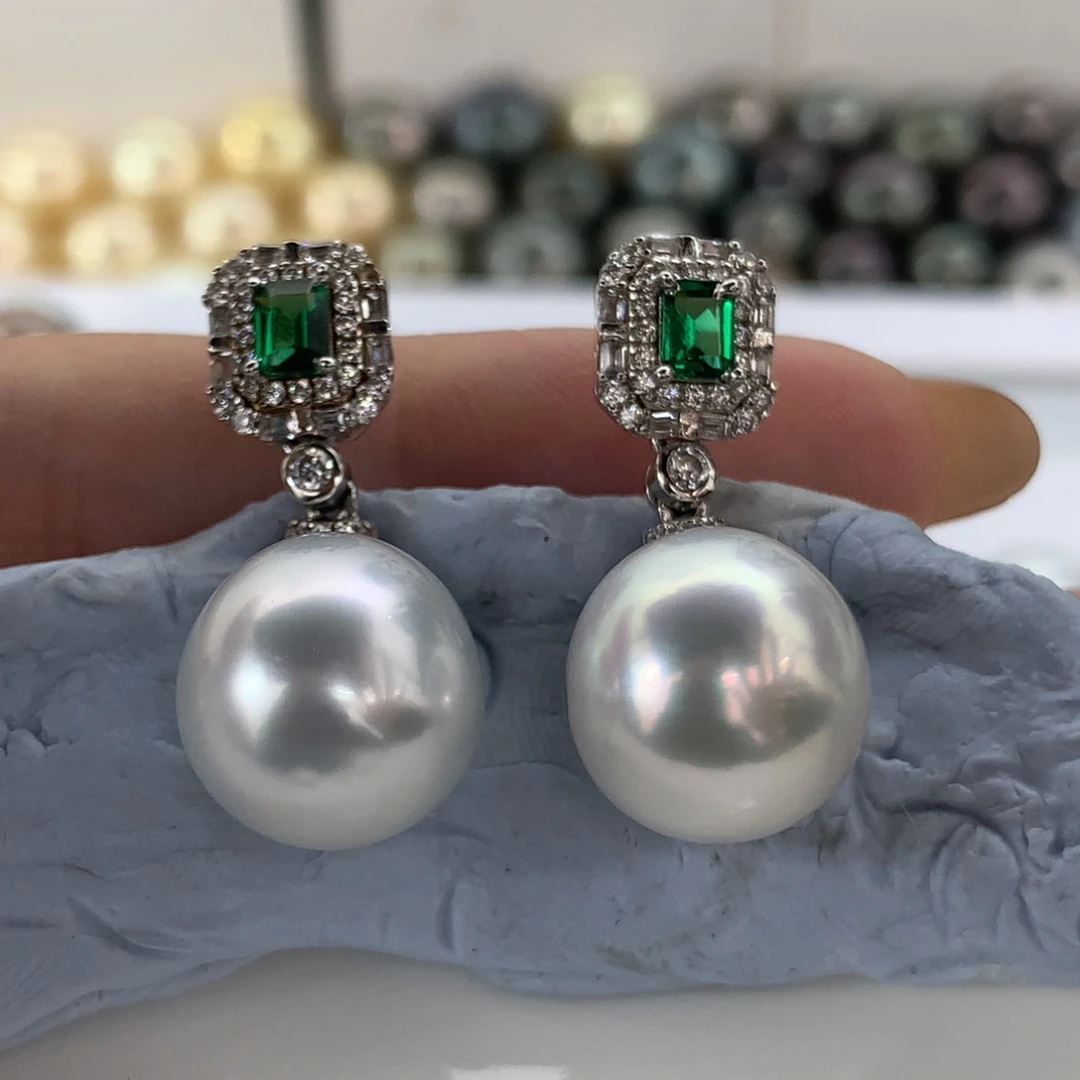 定制海水珍珠银S925镶嵌耳饰澳白银蓝光11-12mm