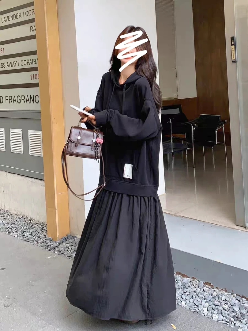 萌萌 连帽假两件卫衣连衣裙女新款休闲慵懒风松弛感长裙子459550