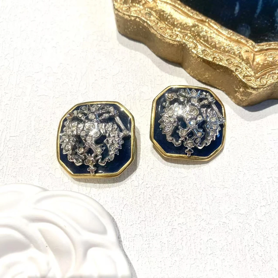 合金耳饰 中古合金方形莱茵石黑色耳夹/AJ5135