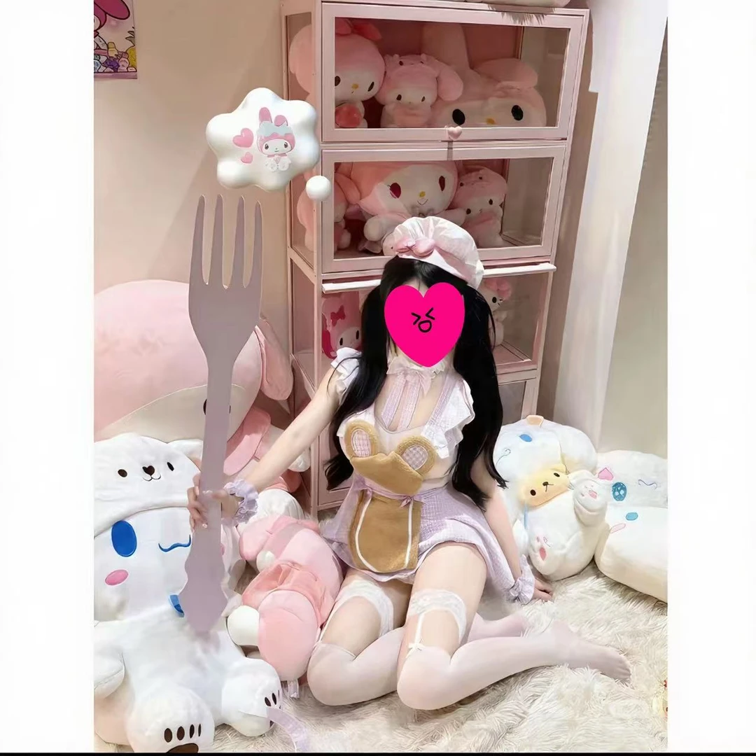 （升级版）小熊暖暖！甜美少女软萌芋泥荷叶边cos小厨娘套装睡裙